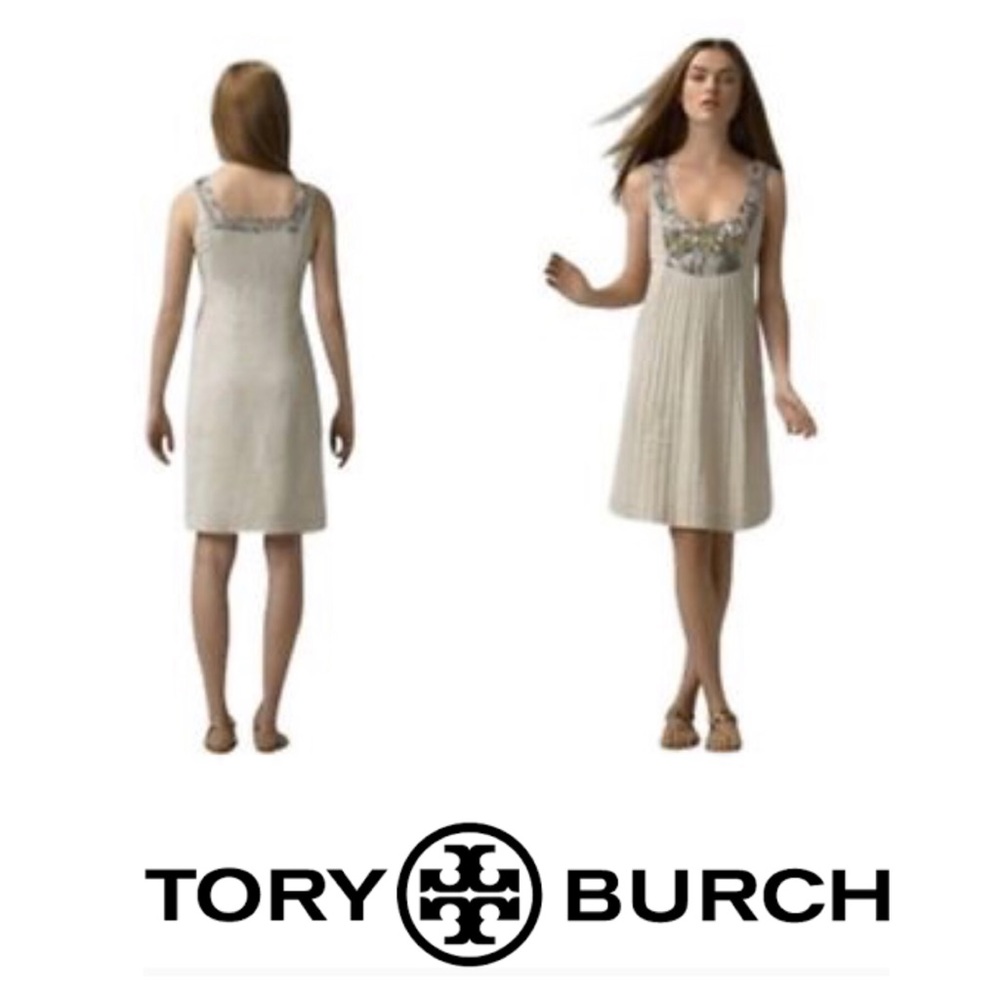 Tory Burch orchid flax gold beaded cotton linen blend dress women’s size 8‎
